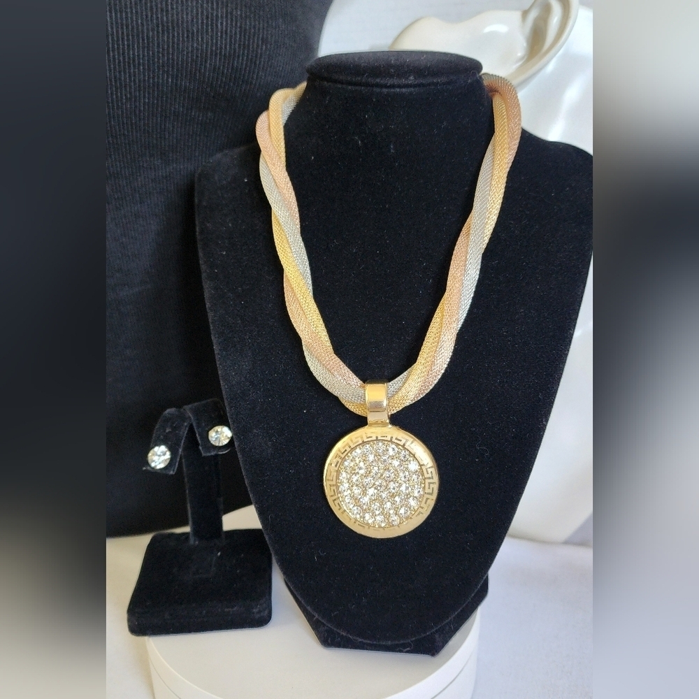 Tricolor Twist Mesh Necklace with Greek Key CZ Pendant and Earrings Set
